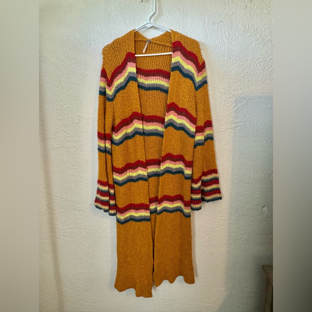 Free People Winding Road Knit Colorful Rainbow Long Flare Cardigan Sweater L
